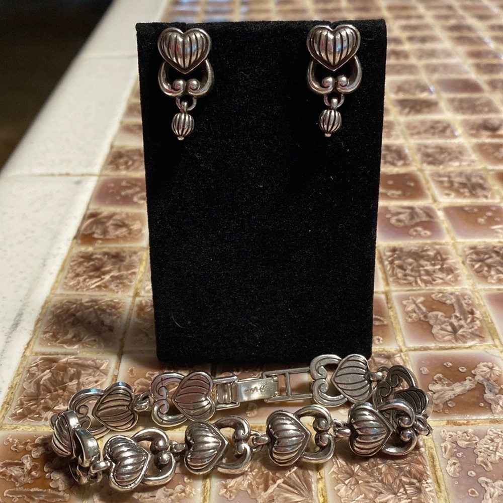 BRIGHTON vintage silver Baroness Heart Swirl post dangle earrings bracelet‎ set